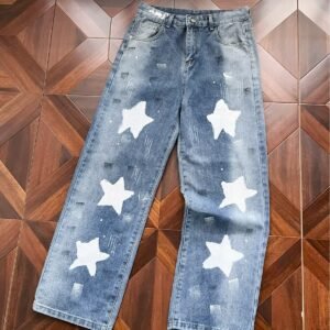 Womens Retro Patched Washed And Distressed Denim Jeans
